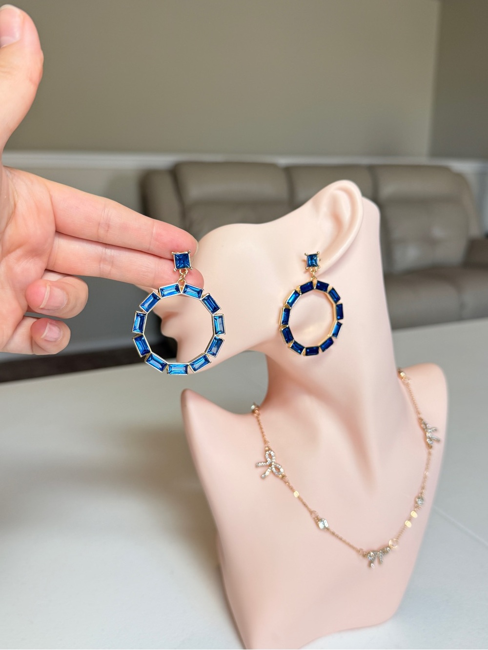 Gold-Tone Hoop Earrings with Blue Gemstones - Picture 9 of 13